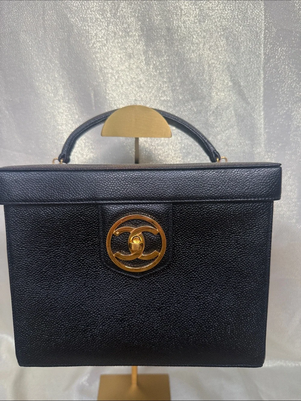 CHANEL Black Top-Handle Vanity Box Bag with Gold CC Medallion and large CC